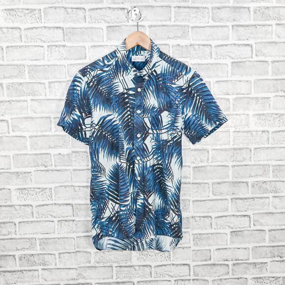 SATURDAYS NYC Men's Short Sleeve Hawaiian Shirt Blue floral sz Small - Picture 1 of 6